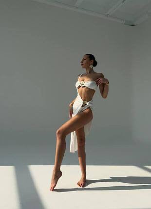 Beyaz Gold Aksesuarlı Premium Pareolu Bikini & Plaj Elbisesi