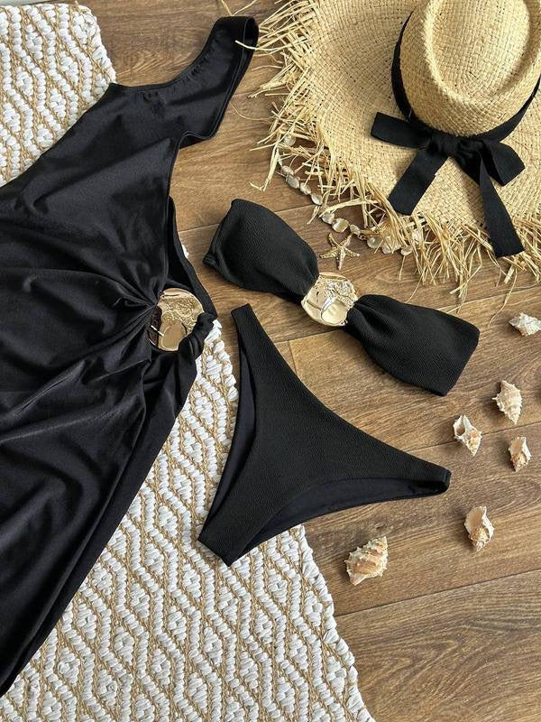 SiyahGold Aksesuarlı Premium Pareolu Bikini & Plaj Elbisesi