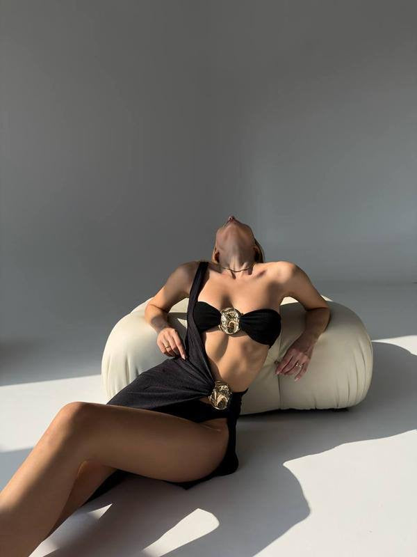 SiyahGold Aksesuarlı Premium Pareolu Bikini & Plaj Elbisesi