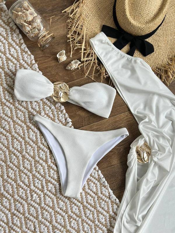 Beyaz Gold Aksesuarlı Premium Pareolu Bikini & Plaj Elbisesi